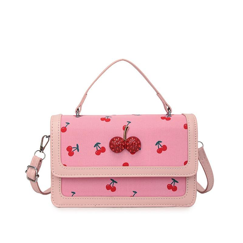 New cute cherry printed messenger bag twist portable small square bag splicing contrasting color design shoulder bag tide