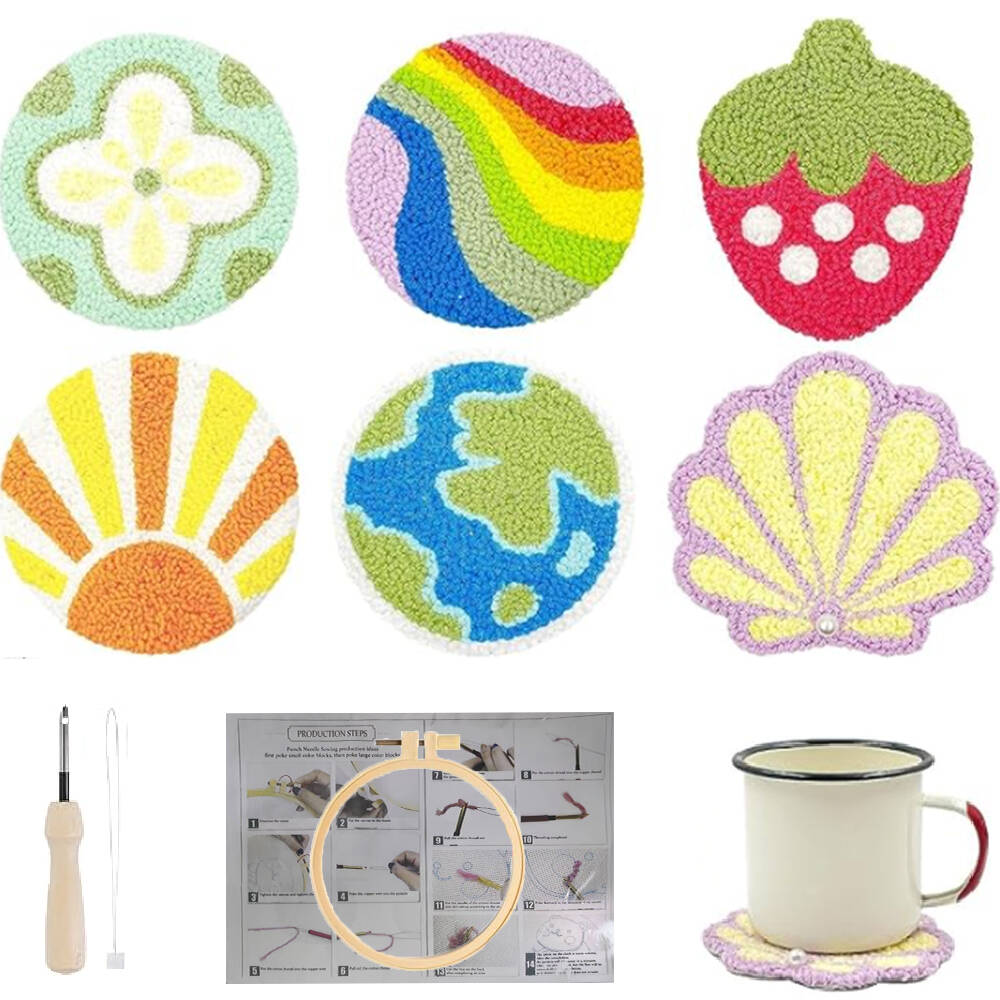 

DIY Punch Needle Embroidery Coaster Set Strawberry Punch Needle Embroidery Set Shell Handmade Home Decoration 10x10cm