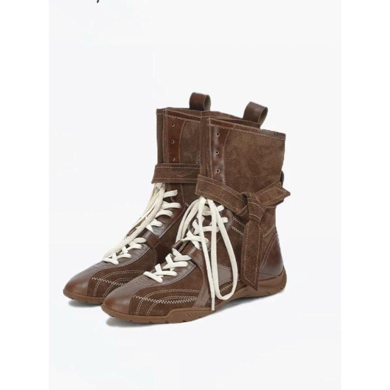 Cowhide Version~ Flat Bottom Inner Height Increase Leather Martin Boots Women's New Boxing Boots Frosted Leather Lace-up Short Boots