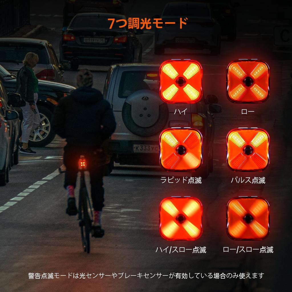 RAVEMEN CL06 Bicycle Light 50 Lumens Tail Light Sensor Light Safety Light 500mAh 30 Hours Lighting 4 High Brightness COB LEDs 7 Dimming Modes IPX6