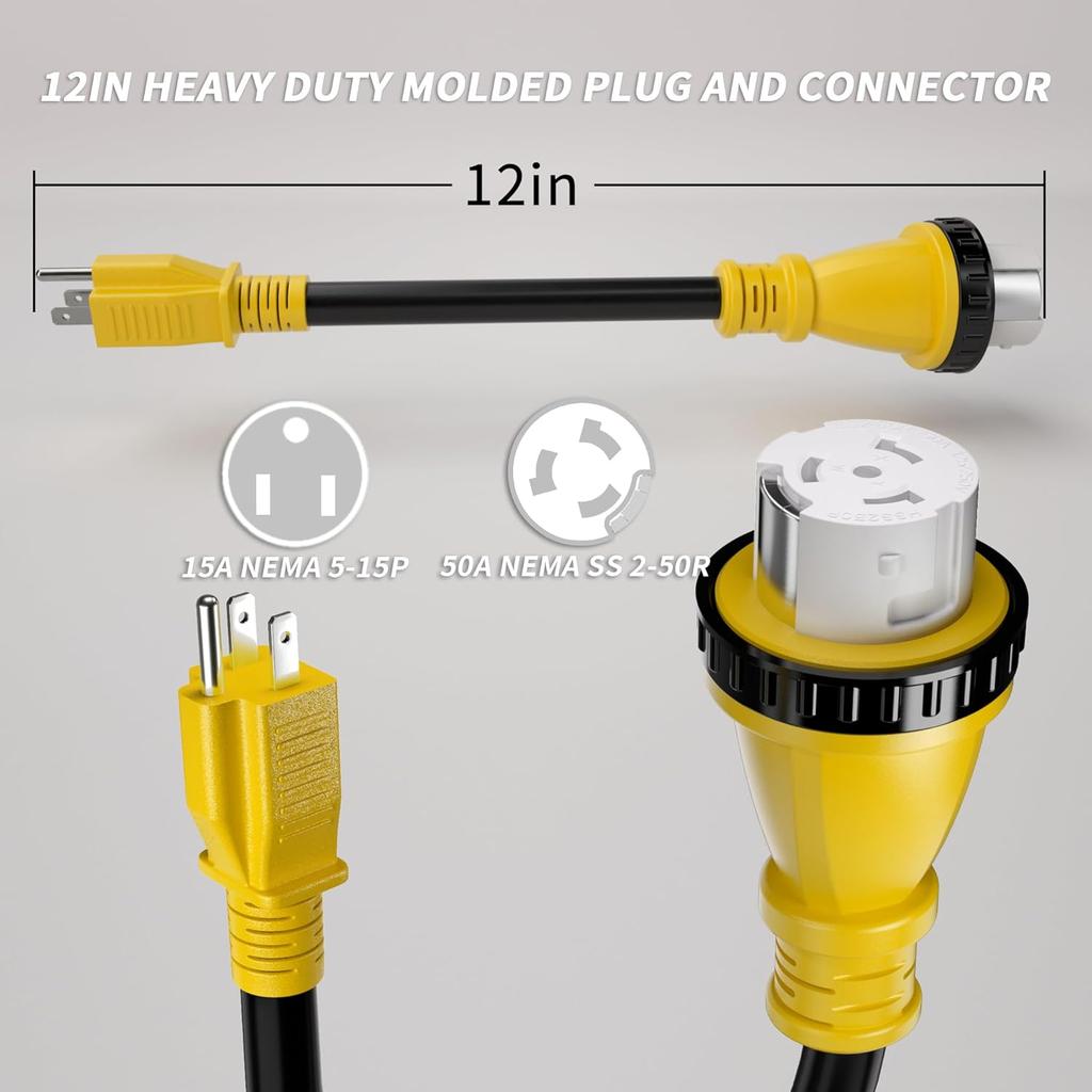 50 Amp To 15 Amp 110V RV Adapter Plug, 15A Male To 50A Female RV Power Adapter With Twist Lock Plug, Dogbone Electrical For Camper, NEMA 5-15P SS