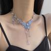 European and American Heavy Craft Blue Crystal Butterfly Tassel Necklace for Women, Niche Design Sweet and Cool Dopamine Clavicle Chain Neck Chain