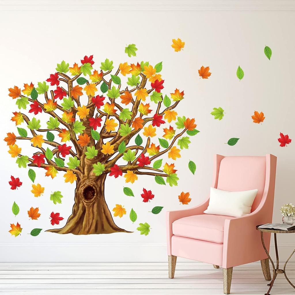 Gersoniel 90 Pieces Classroom Tree Bulletin Board Decorations Conversation Fall Leaves Cutouts Autumn Stickers for Classroom Home Wall Decor(Natural