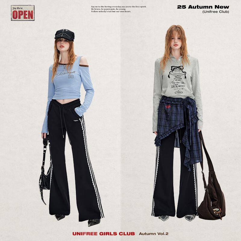 UNIFREE American Style Lace Trim Flare Casual Pants