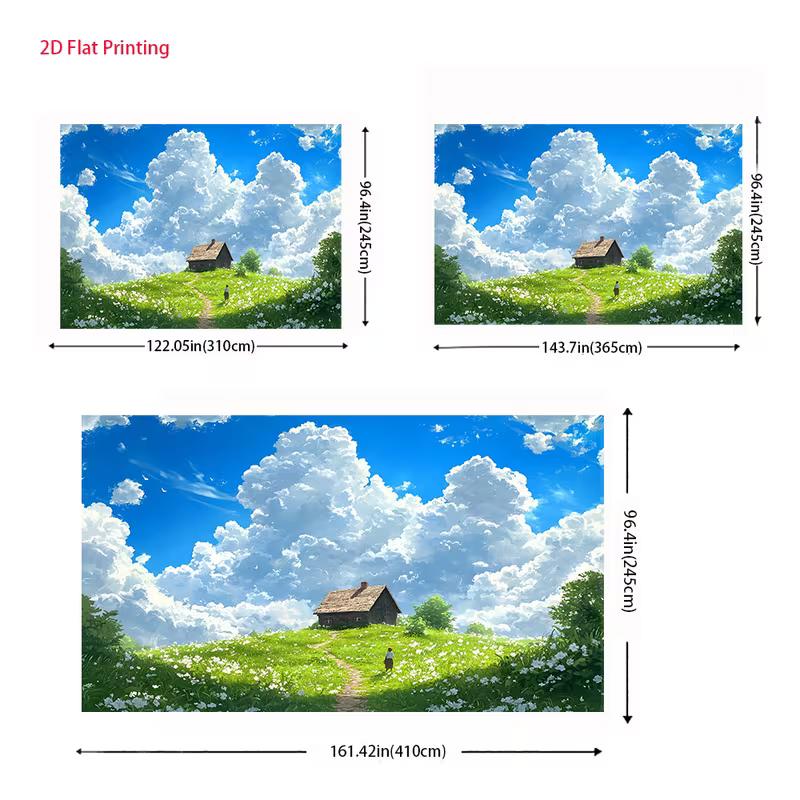 2D Rural Cottage Backdrop Green Flower Hill & Blue Sky Photography Background Cloth