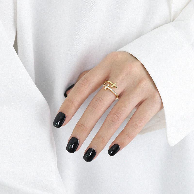 S925 Sterling Silver Double Cross Open Ring: Trendy European & American Fashion for Women