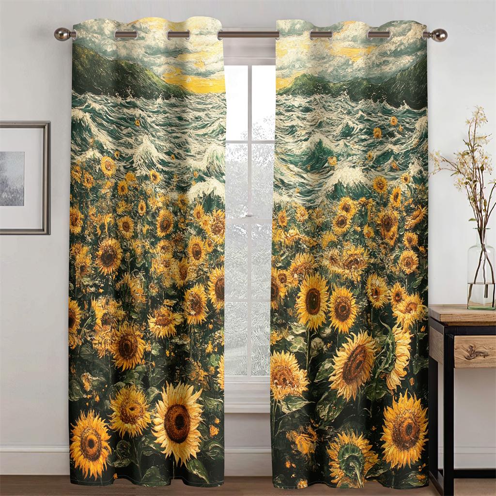 3D Oil Painting Sunflower Ocean Curtains Blue Sky Sunrise Bedroom Living Room Balcony Kitchen Decorative Curtains 2 Panels
