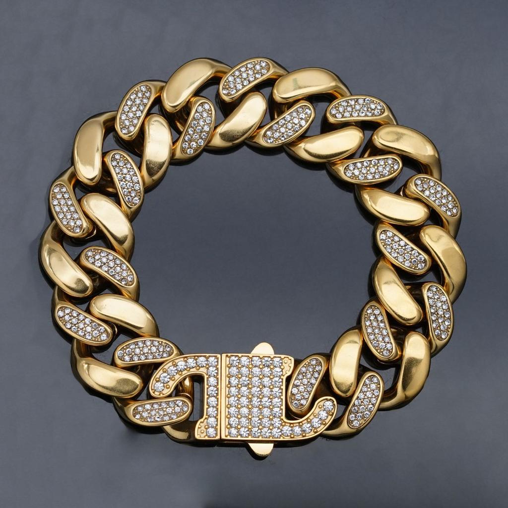Pvd 18k Gold Color Hip Hop 11MM 15MM 19MM Width 316 Stainless Steel with Two Rows Rhinestone Iced Out Cuban Link Chain Bracelet