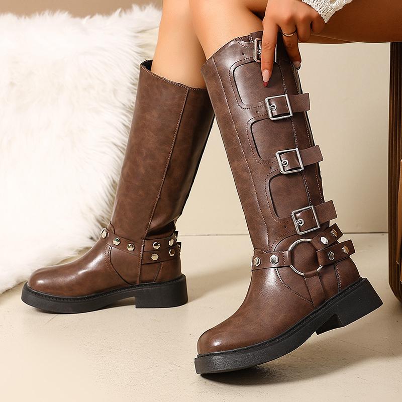 Fashion Fashion Buckle Straps Motorcycle Riding Boots Women Autumn Winter PU Leather Knee High Boots Woman Brown Platform Long Botas