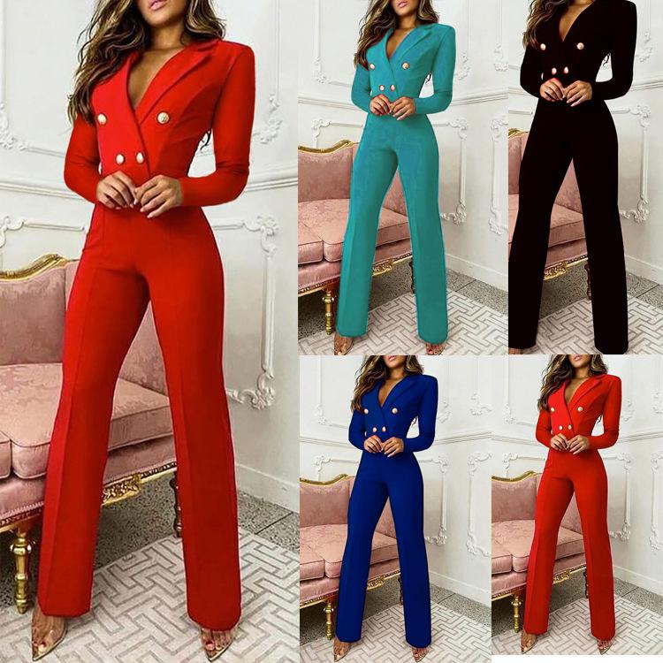 

Women s Professional Turn-Down Collar Long Sleeve Slim Fit Jumpsuit Large зелений