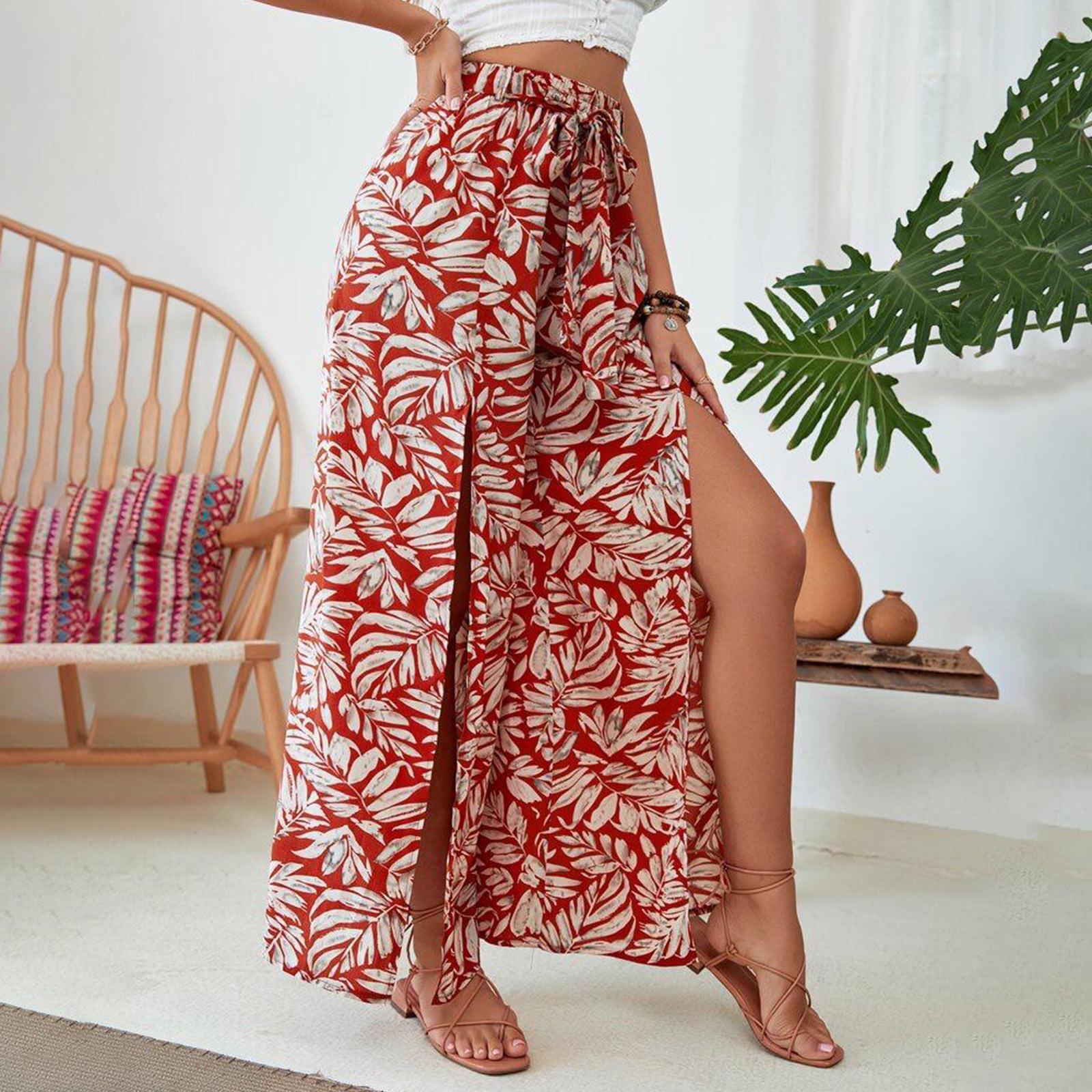 

Женские брюки с принтом, повседневные, на шнуровке, с широкими штанинами, прямые, с разрезом XXL винный