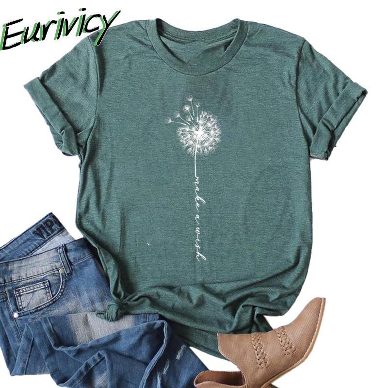 

Eurivicy Женщины Винтажные футболки Одуванчик Принт с коротким рукавом O Шея Летние хлопковые рубашки