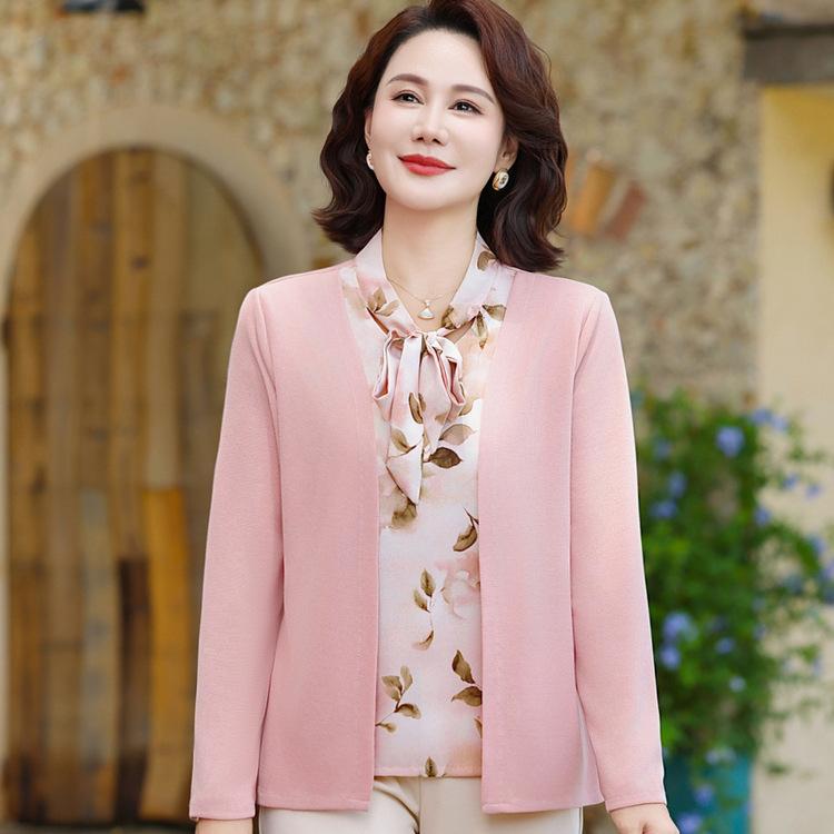 Fashion Shirts, Middle-aged and Elderly Women's Tops, Mothers Fashionable, Age-reducing Fake Two-piece Printed Shirts for Women In Autumn