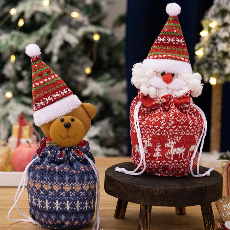 Christmas Knitted Gift Bags Set With Apple Doll Elk Santa Bear Design For Candy Storage Xmas Party Favors  Year Gifts Holiday