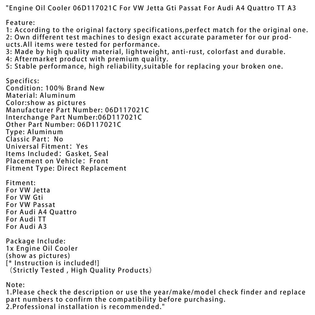 Engine Oil Cooler 06D117021C For VW Jetta Gti Passat For A4 Quattro TT A3