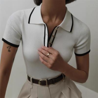 Knitted Pullover Short-sleeved Patchwork Top Elegant Slim-fit Contrast Color Lapel Pullover Top