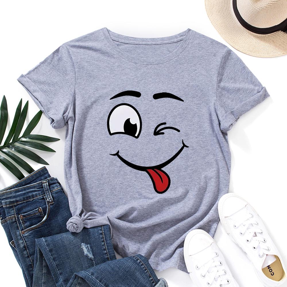 

Cotton T-Shirt Short Sleeve Round Neck Women 2d Print Tops S