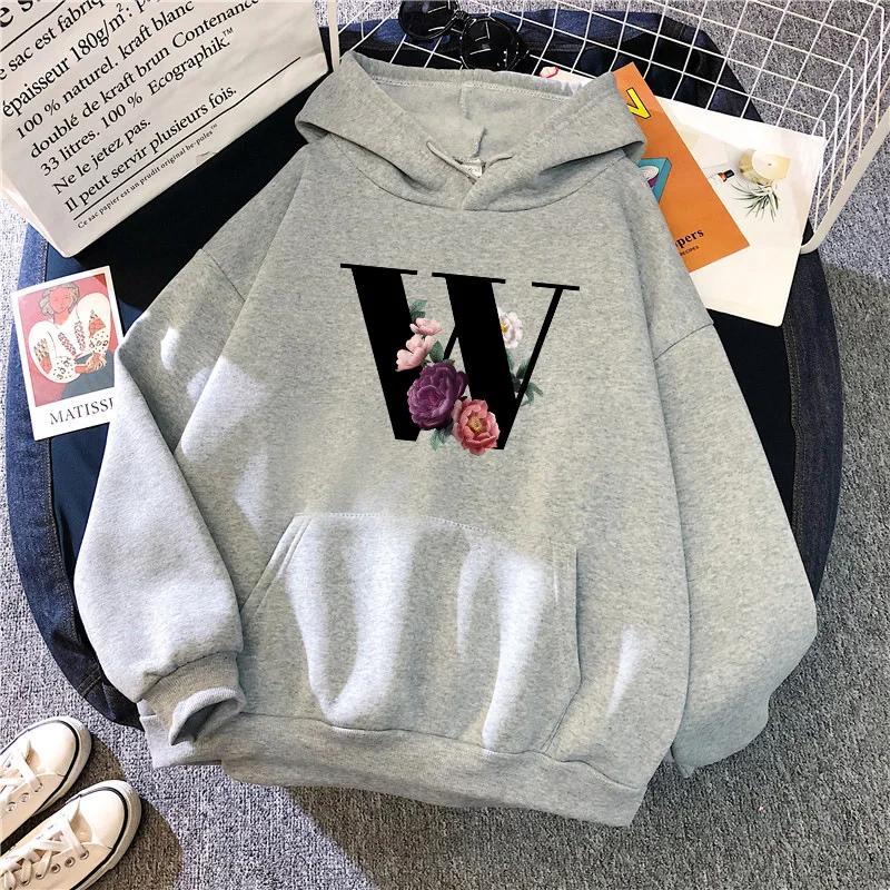 New in Womens Hoodies Casual Letters A-Z Printed Sweatshirts Sportswear Outdoors Sports Jogging Woman Clothing Running Grey Tops