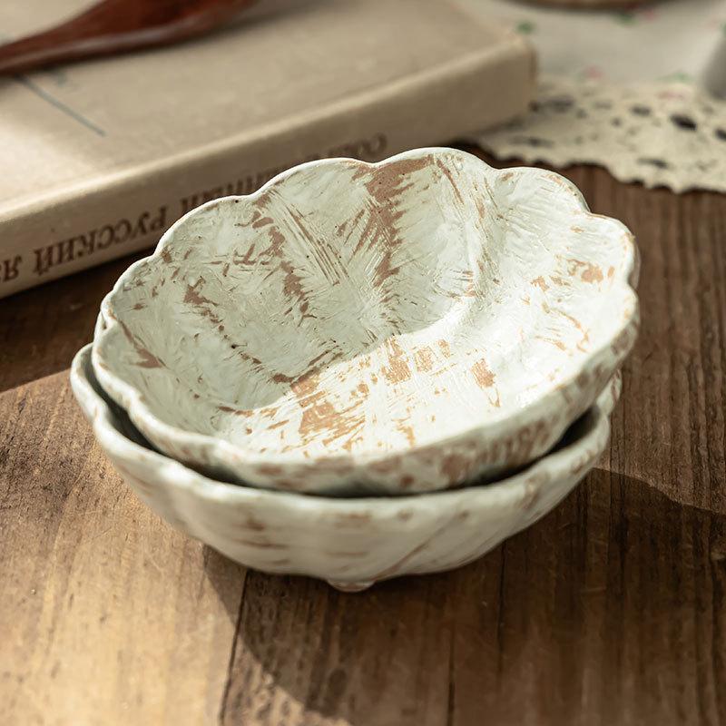 Retro Handmade Coarse Pottery Taste Plate Creative Hand-Painted Lace Ceramic Plate Japanese-Style Household Tableware Seasoning Plate Dipping Plate