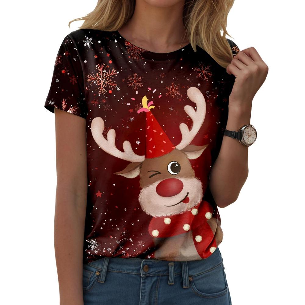 Women's Christmas Printed Casual Round Neck Short Sleeved T-shirt
