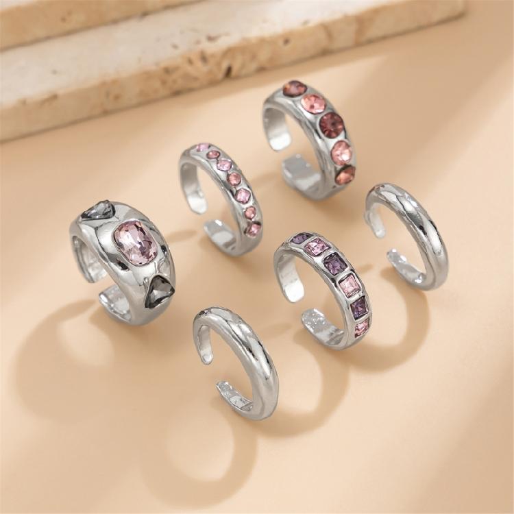 Pack of 6 Adjustable Stackable Rings Featuring Pink Gemstones for Comfort Fit and Multiple Fashion Combinations