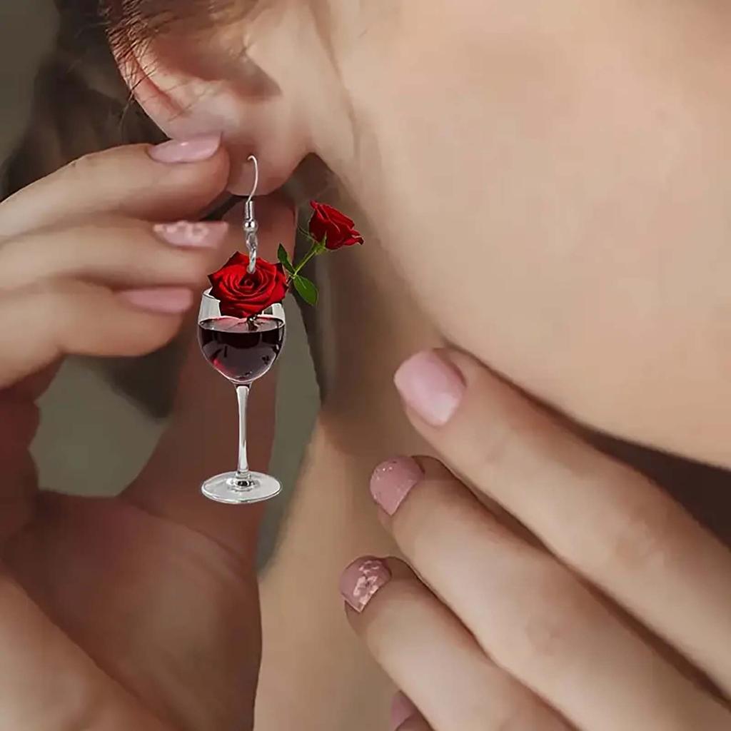 Red Rose Wine Glass Earrings Creative Fashion Earrings