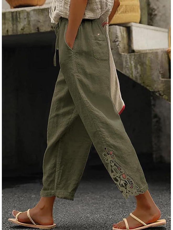 Autumn Lace Patchwork High-Waist Drawstring Cropped Casual Pants with Pockets 2025
