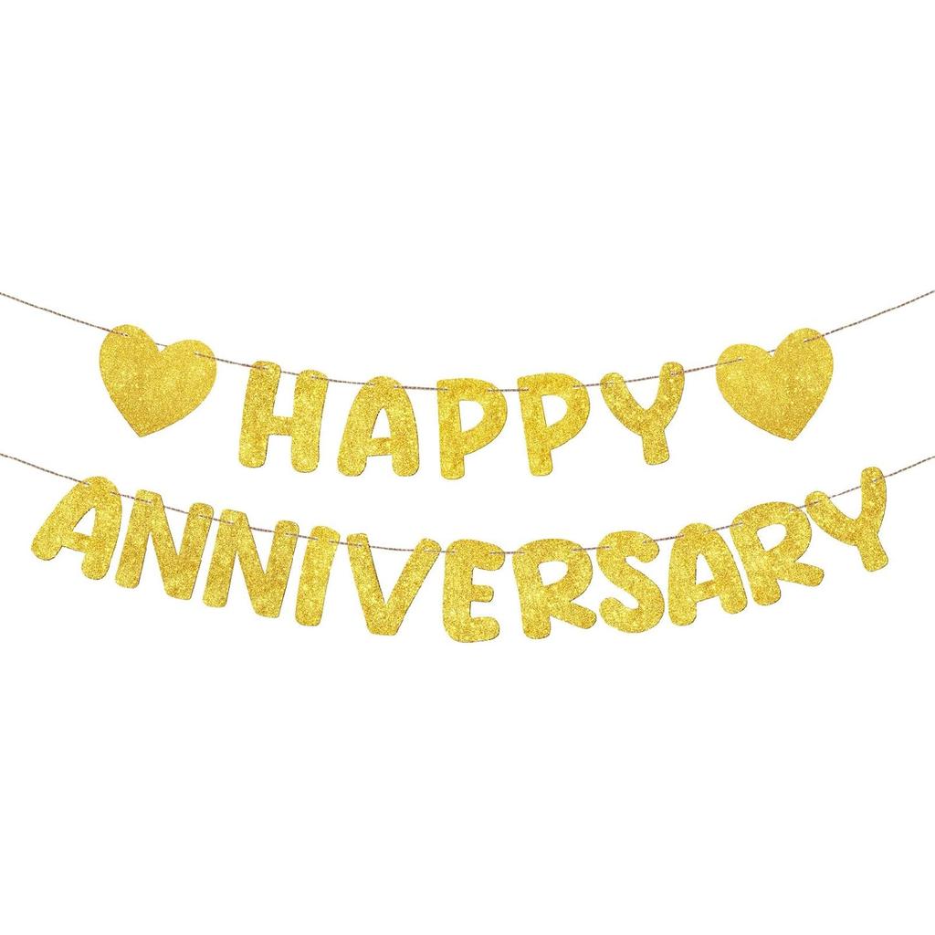 Fulmoon Happy Anniversary Banner Glitter Happy Anniversary Decorations Wedding Party Banner Romantic Decorations No DIY Pre-strung for Wedding Party