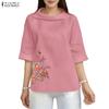 ZANZEA Women Casual Pile Collar Loose Summer Floral Embroidery Half Sleeve Blouse