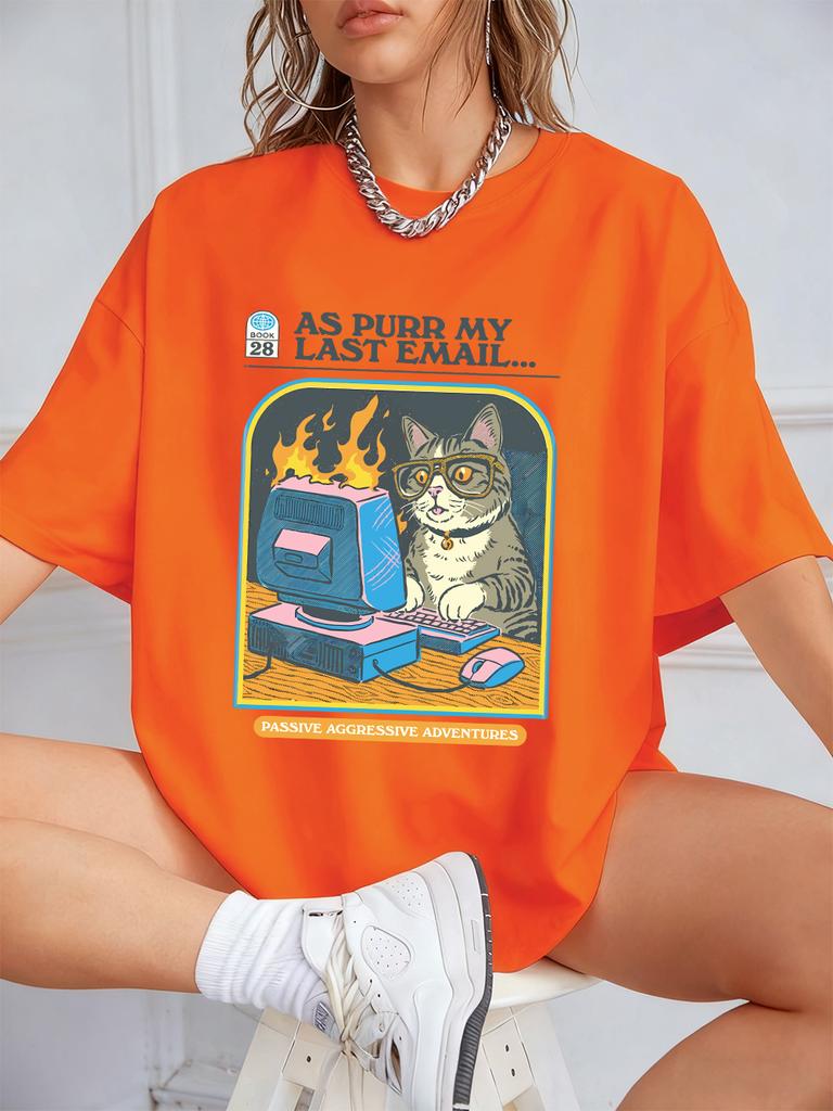 Cat Playing Computer Games Printed TShirts Womens Summer Cotton Short Sleeve T Shirt Loose ONeck Soft Tops Basic Woman Clothes