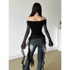 # Sisjuly# Artistic Pure Desire Girl off-Shoulder Elegant Tassel Wild T-shirt Women's Tulle Slim Looking Tops