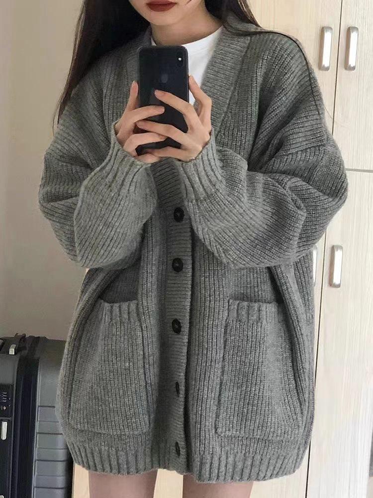 Grey Knit Cardigan Sweater Coat for Women – Spring & Autumn French Casual Style