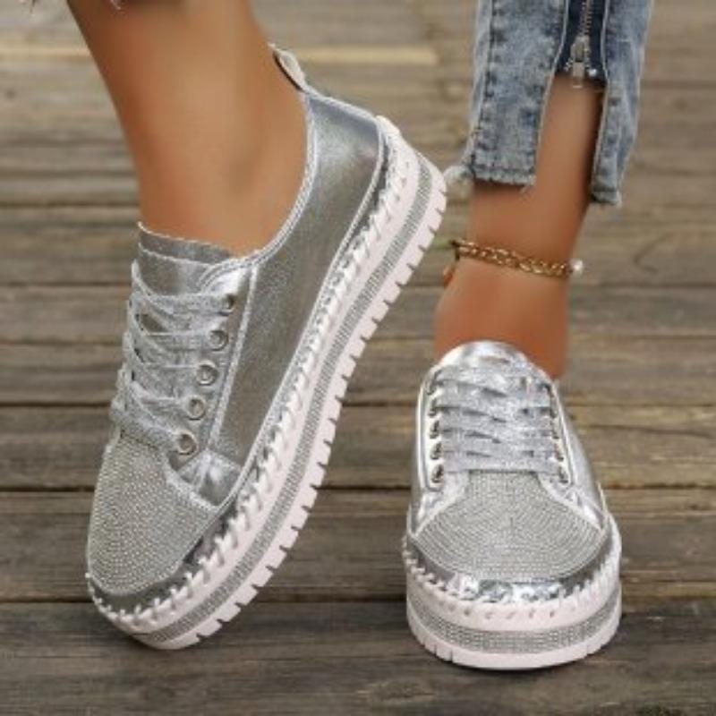 Large size white shoes women's new diamond-encrusted muffin thick-soled sequin hemming fashion board shoes