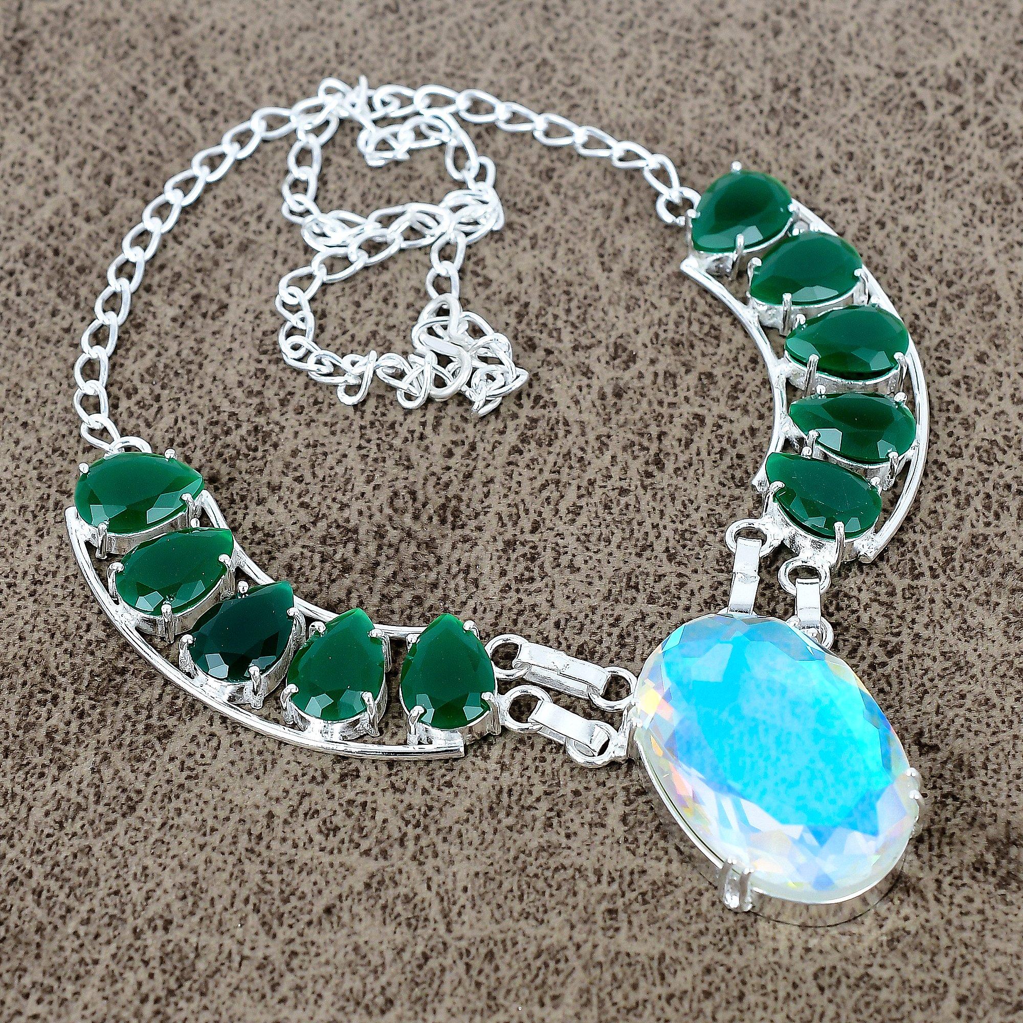 

Milky Opal, Green Jade Gemstone 925 Sterling Silver Jewelry Necklace 18 KKG-418