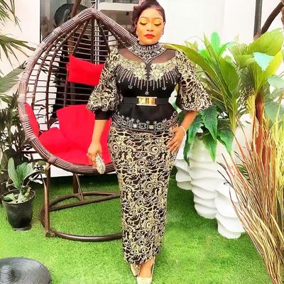 Plus Size African Gold Foil Print Waist-Hugging Dress Set for Women