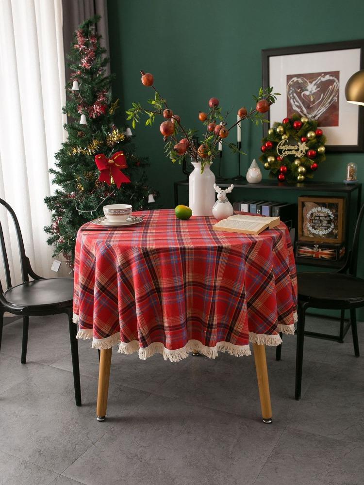 Tablecloth Plaid Christmas Day Table Cloth American Cloth, Round Tassel Suitable for Holiday Dining Rooms, Living Rooms, Family Gatherings