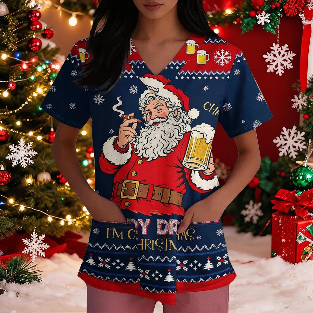 Women's Loose Fit Uniform Dress with Christmas Print V-Neck and Side Slit Short Sleeve