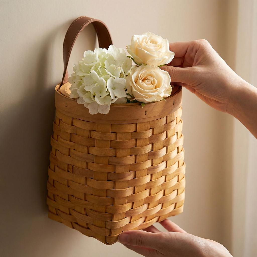 Handmade Wooden Wall-mounted Woven Storage Basket, Wall-mounted Storage Basket, Flower Holder Behind Door, Tote Basket