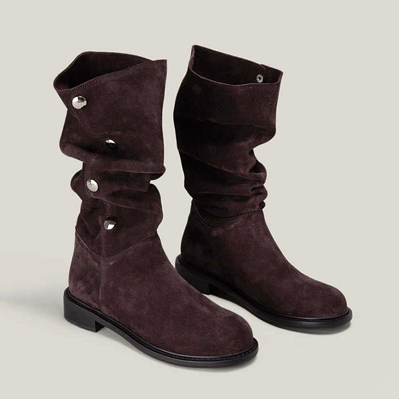 

Cowhide version women s shoes medium boots autumn new knight thin boots round head pile boots women 40 тёмно-рыжий