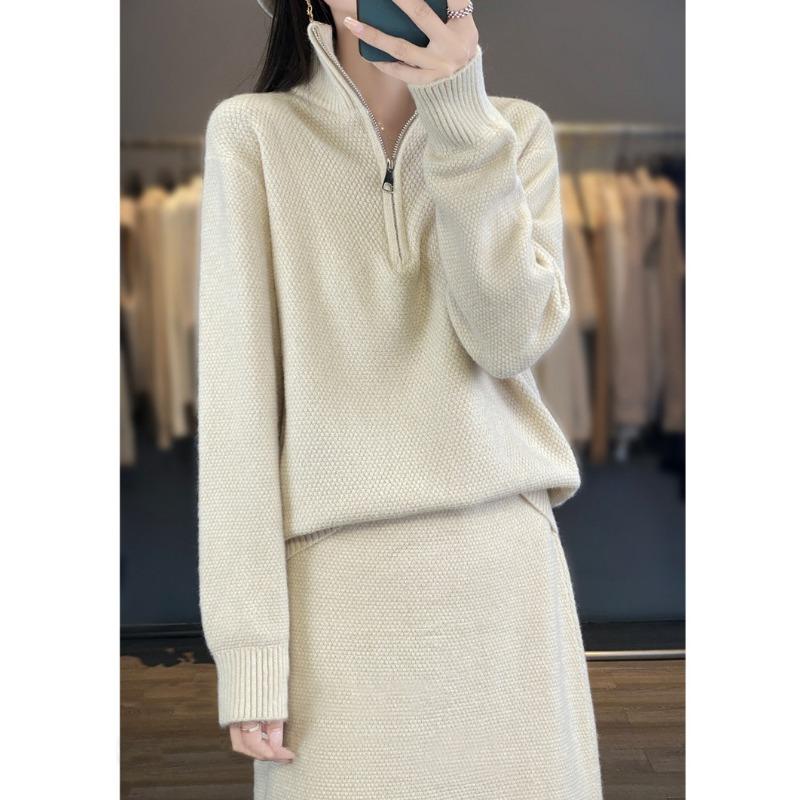Half Zipper Turtleneck Sweater Two-piece Set Autumn and Winter New Casual Thick Skirt Knitted Sweater Set Women