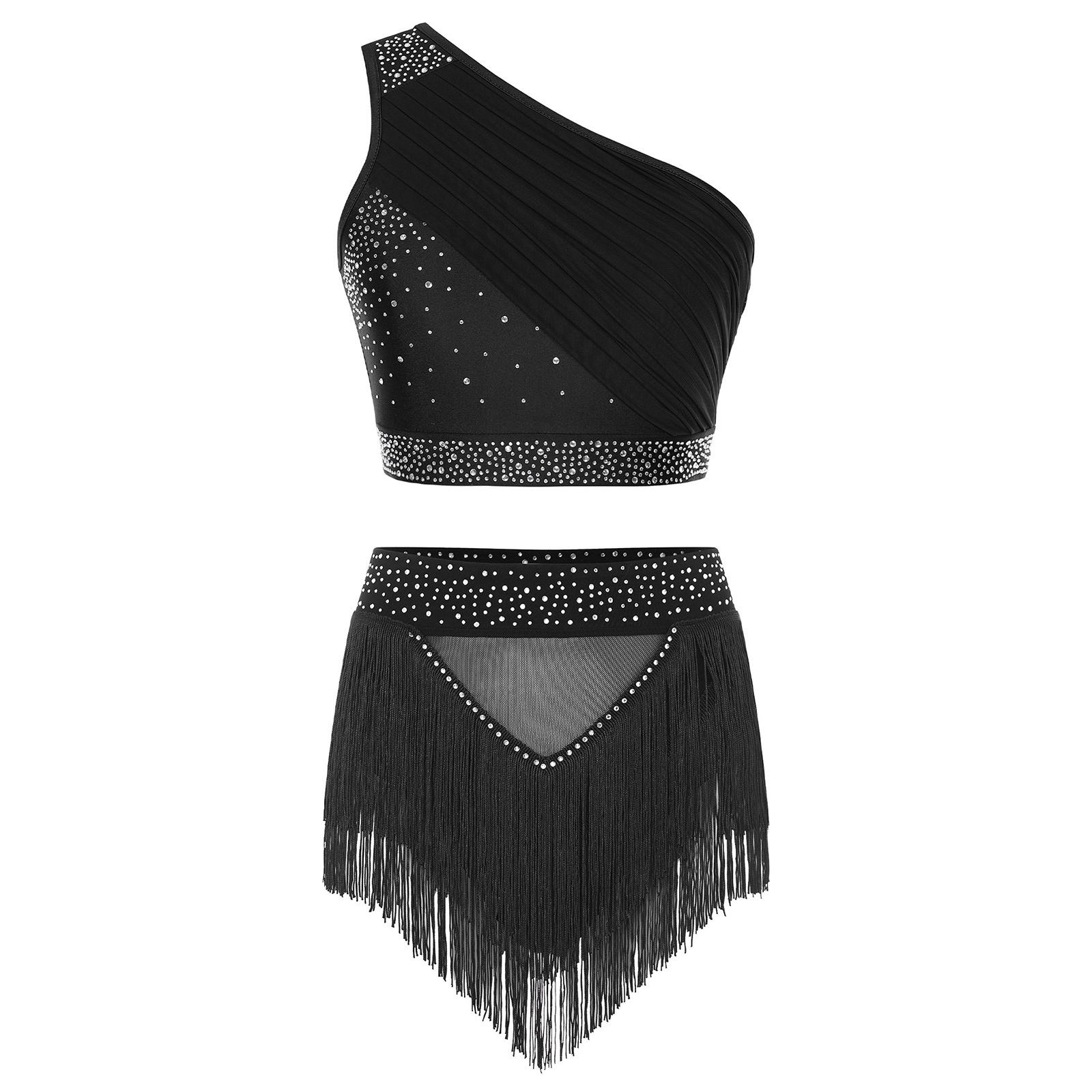 

Womens Modern Dance Rhinestone Outfit One Shoulder Ruched Crop Top Tassel Shorts Skating Costume S чорний