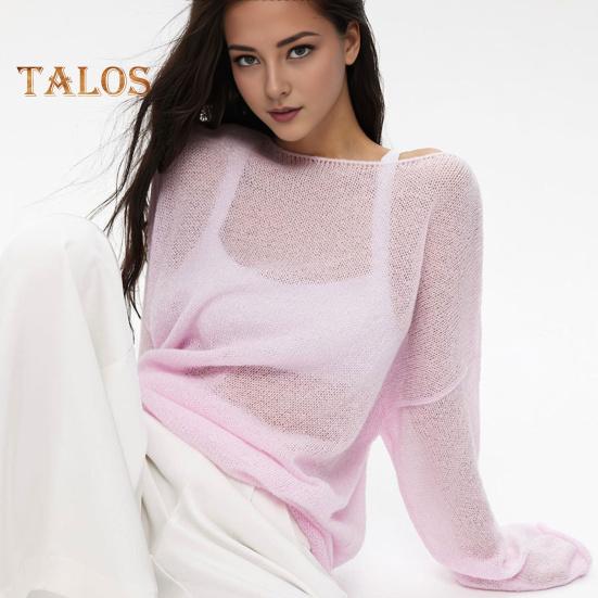 Women Knitting T-shirt Round Neck Flared Long Sleeve Hollow Tee Shirt Solid Color Loose Fit See-through Thin Knitting Tops