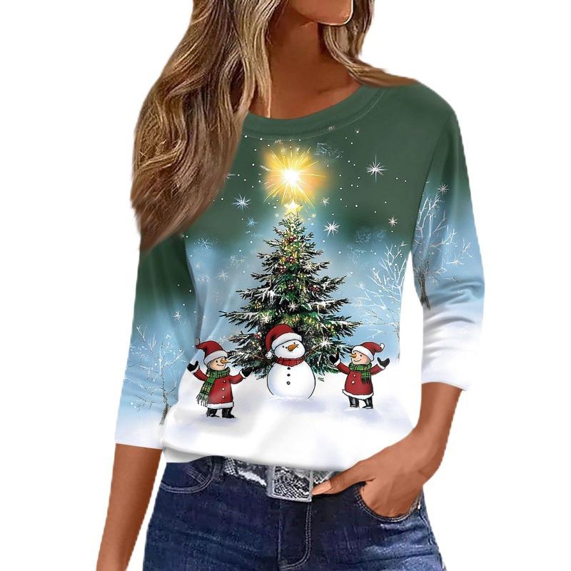 Women's 3D Snowman Printed Christmas Theme Round Neck Long Sleeve T-shirt Casual Comfortable Polyester Christmas Party Pullover