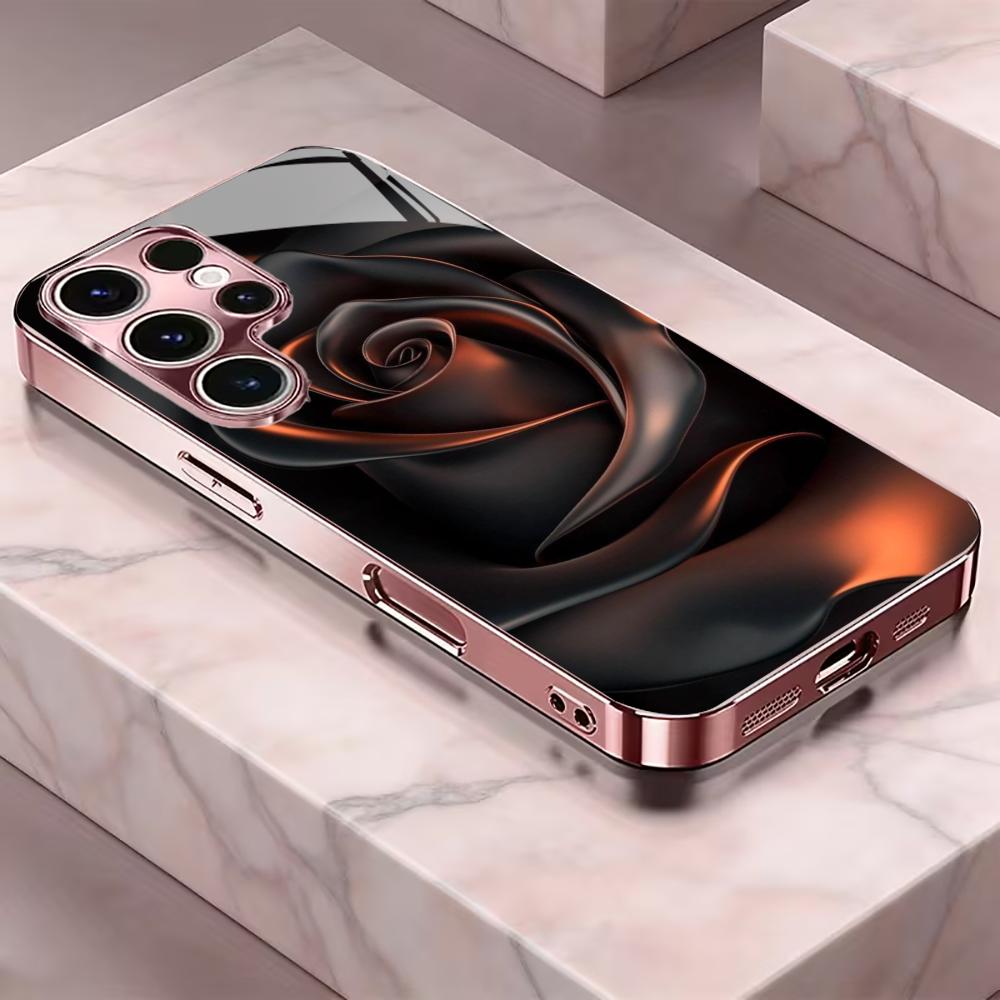Schwarze Blumen Handyhülle Glas-Handyhülle für Samsung Galaxy S26 22 23 24 25 PLUS S21 22 23 24 25 ULTRA