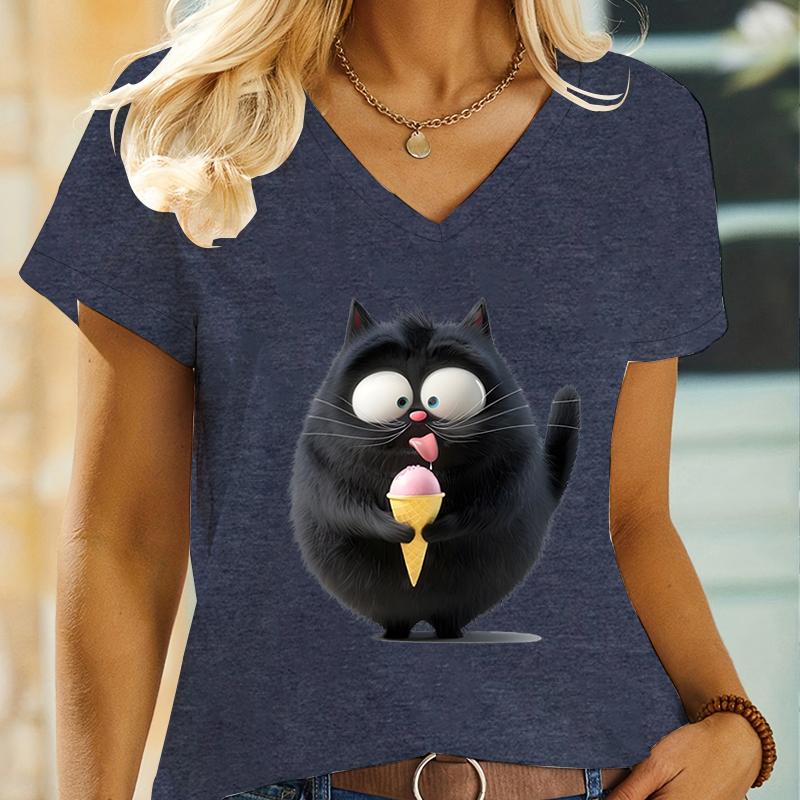 Women VNeck Tshirt Funny Comic The Black Cat Eating Ice Cream Print Fashion Y2K Tops Short Sleeve Cartoon Kitten Streetwear