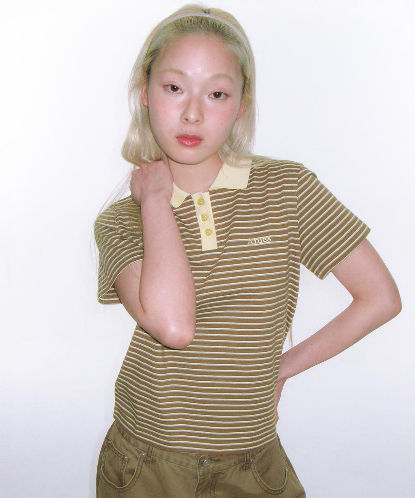 AMES-WORLDWIDE Basic Stripe Collar Tee Brown