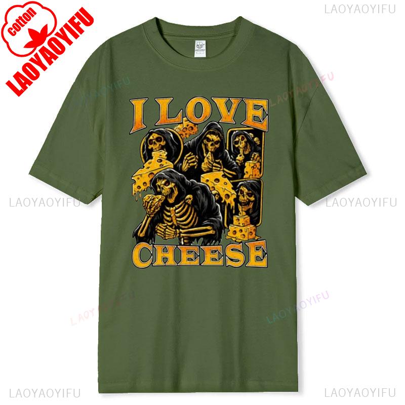 Skeleton Shirt Funny Meme I Love Cheese Cursed Tee Cotton Summer Short Sleeve Casual Stupid Graphic Shirt Edgy Humor Gift