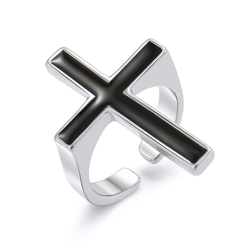 Retro Black Big Cross Open Ring For Women Party Zircon Men Trendy Gothic Metal Color Finger Ring Anillo Zircon gift resizable