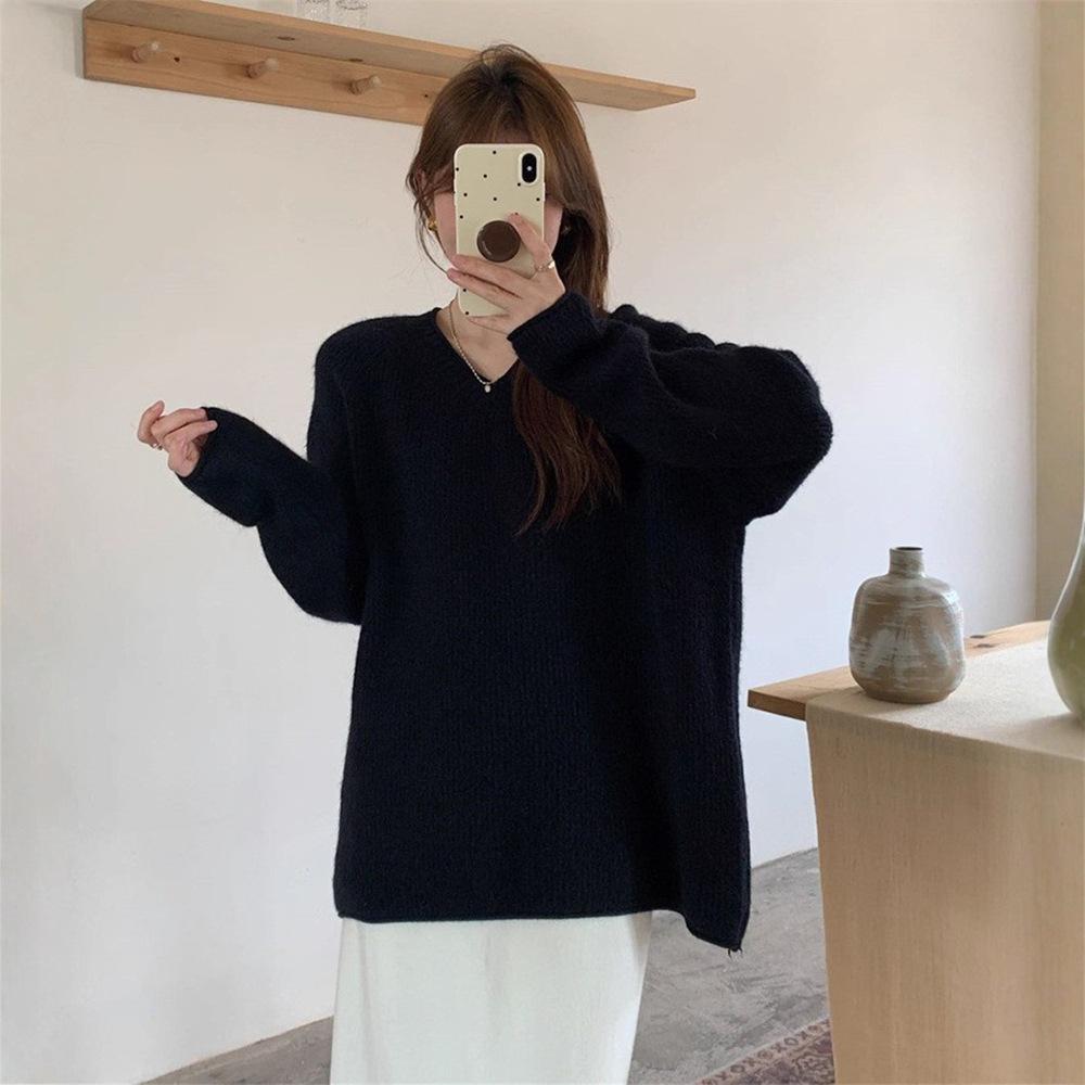 

Вязаный пуловер с V-образным вырезом и круглым вырезом, женский, осенне-зимний, новый, свободный, универсальный, мягкий, восковой, вязаный свитер-топ average size