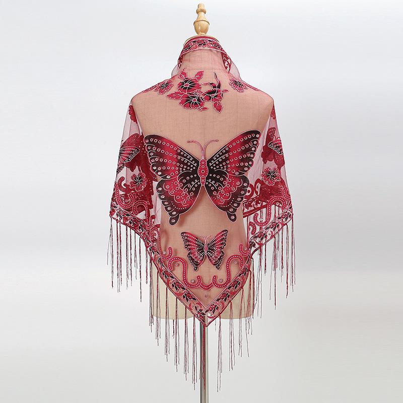 New Tassel Triangle Scarf, Solid Color Hollow Lace Butterfly Embroidered Triangle Shawl Scarf for Women